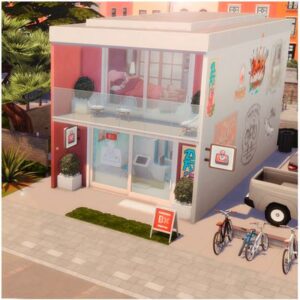 Maison mobile colorée du jeu *Les Sims 4* avec vélo et plantes