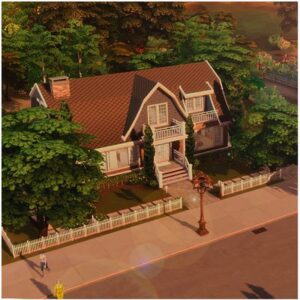 Maison de jeu *Les Sims 4* avec jardin et toit rouge