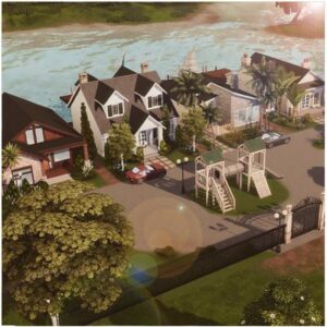 Quartier résidentiel du jeu *Les Sims 4* près d'un lac