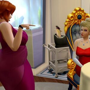 Jeu vidéo Les Sims 4 : femme dans une salle de bain avec miroir doré
