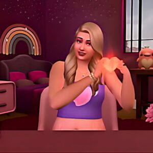 Personnage du jeu Les Sims 4 dans une pièce décorée, tenant une pizza.