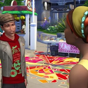 Deux Sims 4 discutant dans un décor festif coloré