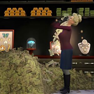 Femme dans boutique virtuelle *Les Sims 4* entourée de richesses