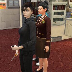 Deux personnages du jeu Les Sims 4 dans un décor intérieur.