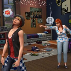 Deux Sims 4 discutant dans une chambre décorée