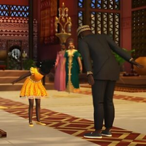 Enfant et adulte dans jeu *Les Sims 4*, intérieur élégant