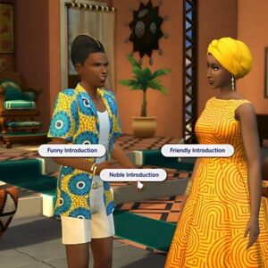 Introduction amicale dans *Les Sims 4* avec options humoristique, noble.