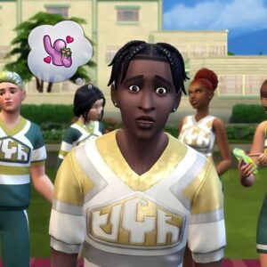 Jeune femme dans Sims 4 avec maillot UEC, surprise.
