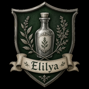 Bouclier Elilya du jeu Les Sims 4 avec une fiole et des feuilles stylisées