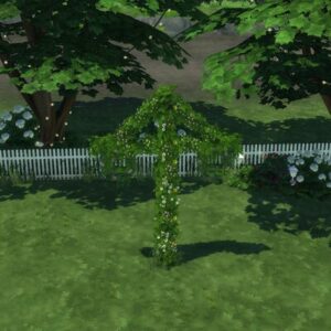 Arbre à feuilles du jeu Les Sims 4, entouré d'une clôture blanche