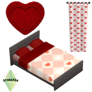 Lit romantique des Sims 4 avec draps à cœurs et oreillers rouges