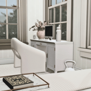 Bureau élégant du jeu *Les Sims 4* avec chaise blanche et vue lumineuse
