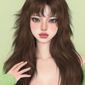 Illustration style Sims 4 personnage aux cheveux bruns ondulés