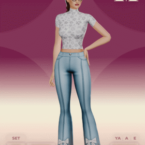 Mannequin du jeu Sims 4 en tenue élégante, haut floral et pantalon bleu à rubans