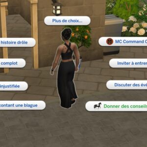 Interface des choix de conversation dans *Les Sims 4* avec options sociales et activités.