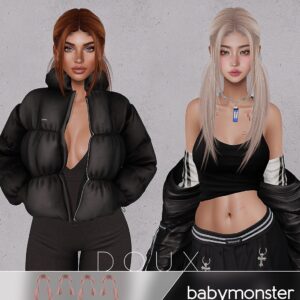 Deux avatars Sims 4 en tenues noires stylisées, jeu vidéo