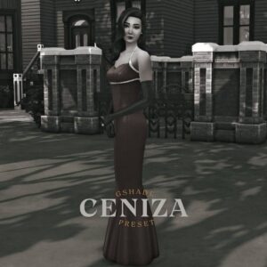 Personnage féminin élégant dans Sims 4, robe longue marron, preset Ceniza