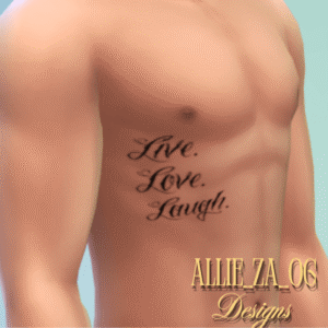 Tatouage 'Vis. Aime. Ris.' sur un personnage du jeu Sims 4