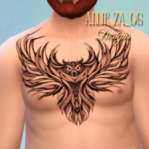 Tatouage virtuel d'un hibou stylisé dans Sims 4