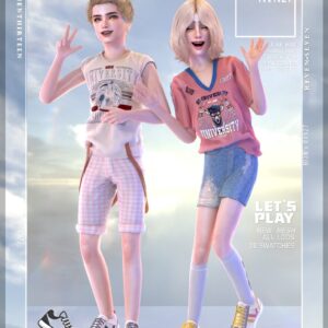 Deux Sims 4 habillés en style universitaire, jouant avec des tenues et accessoires.