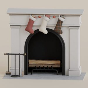 Cheminée décorée de chaussettes de Noël, *style Sims 4*