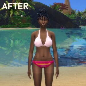 Femme dans les Sims 4 en maillot de bain près d'une piscine tropicale