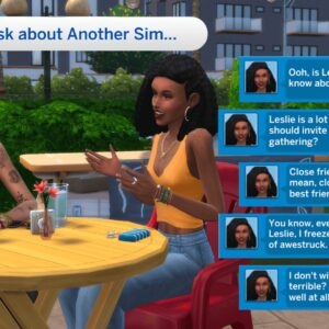 Deux Sims discutant à propos d'un autre Sim dans Sims 4