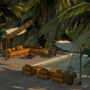 Piscine et salon extérieur dans *Les Sims 4*, style tropical