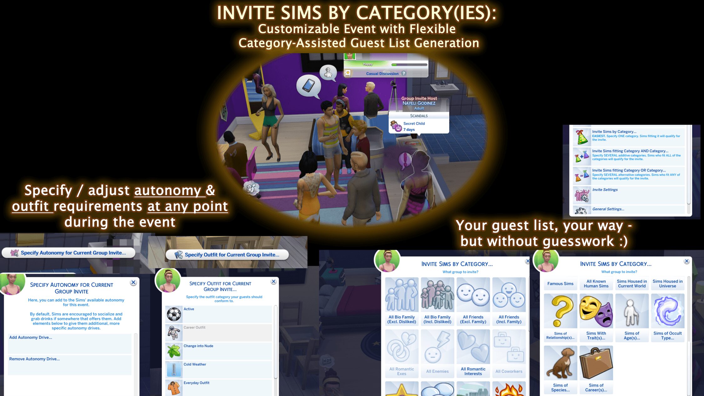 Invitation des Sims par catégorie(s) - Un système d'invitation flexible et personnalisable