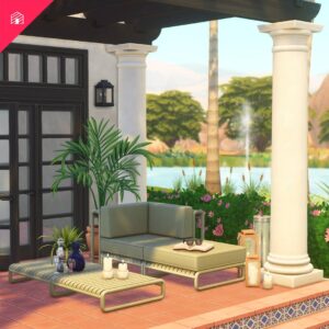 Salon extérieur élégant dans *Les Sims 4* avec vue sur l’eau