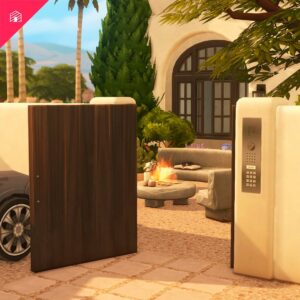 Porte d'entrée du jeu Les Sims 4 avec entrée code et vue salon extérieur