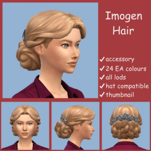 Coiffure Imogen pour Sims 4, 24 couleurs EA, accessoire compatible chapeaux