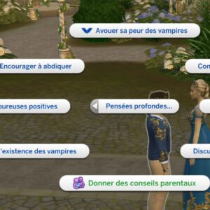 Choix de dialogues dans *Les Sims 4* : conversation romantique et conseils.