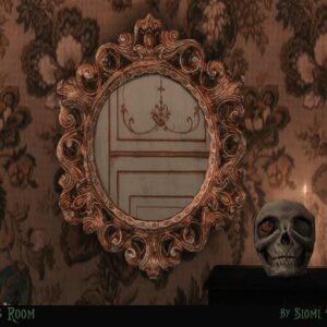 Pièce Regulus du jeu Sims 4 avec miroir ancien et crâne éclairé