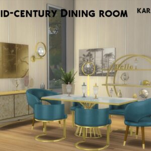 Salle à manger style années 60 dans *Les Sims 4* avec table ronde dorée et chaises bleues.