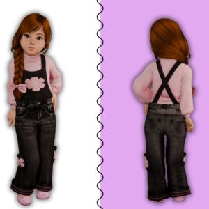Poupée du jeu Sims 4 vêtue d'un ensemble overalls et chemise rose