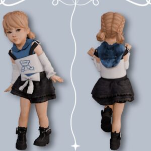 Poupée du jeu Sims 4 vêtue d'une tenue scolaire, vue de face et de dos