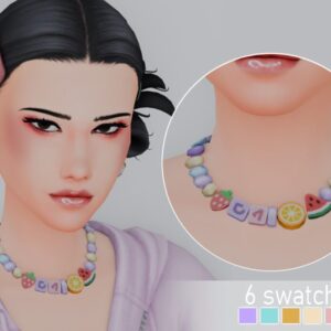 Collier coloré aux fruits et chiffres dans *Les Sims 4*, 6 variantes.