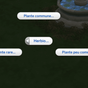 Menu plantes dans *Les Sims 4* : commune, rare, herbier.