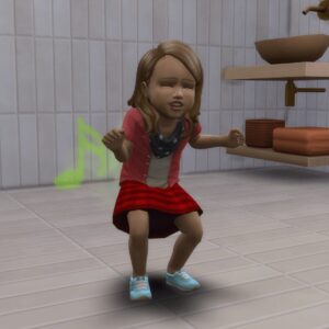 Enfant dans les Sims 4 utilisant une note musicale dans une salle de bain