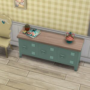 Bureau de jeu *Les Sims 4* avec tiroirs verts et décor vintage