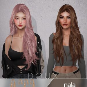 Deux avatars Sims 4 avec coiffures et tenues différentes, jeu vidéo.