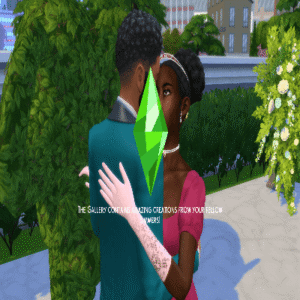 Deux Sims 4 dans une étreinte devant une exposition.