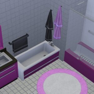 Salle de bain rose et blanche du jeu Les Sims 4