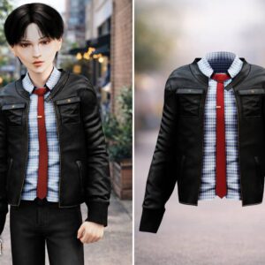 Personnage Sims 4 en veste noire, chemise à carreaux et cravate rouge