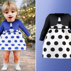Poupée Sims 4 vêtue robe à polka bleu et cardigan, version polka noir et blanc