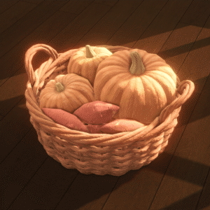 Panier en osier avec citrouilles et patates douces, *Les Sims 4*