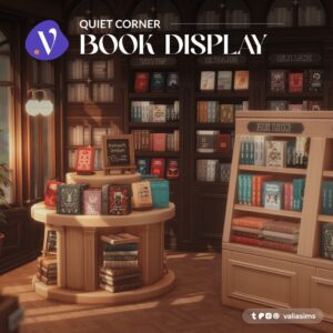 Coin calme de bibliothèque dans le jeu *Les Sims 4* avec livres et décorations.