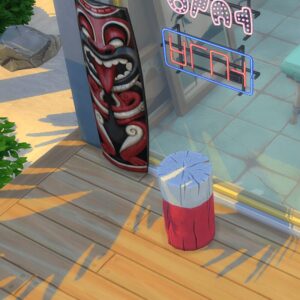 Poubellle décorative rouge et blanche devant un totem et une enseigne dans *Les Sims 4*