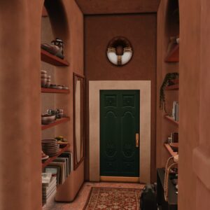 Entrée décorée du jeu *Les Sims 4* avec porte verte et étagères.